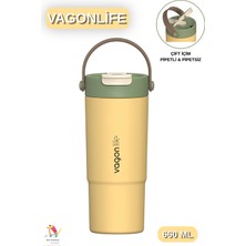 Vagonlife 660 ml Tek Kapak Çift Içim Pipetli / Pipetsiz Kulplu Paslanmaz Çelik Termos