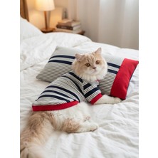 Kemique Yacht Club Marin Çizgili Kedi Uyku Takımı | Lacivert Kırmızı Pamuklu Kedi Tulumu ve Mini Yastık