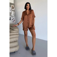 Coccolarsi Essenza Notte Kahverengi Saten Kısa Pijama Takımı