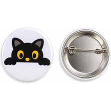Sevimli Şaşkın Siyah Kedi Metal Buton Rozet Broş- Çanta Aksesuar-Yaka Iğnesi ( 44MM) 1 Adet