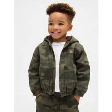 Gap Erkek Bebek Koyu Yeşil Sherpa-Lined Kamuflaj Kapüşonlu Denim Ceket