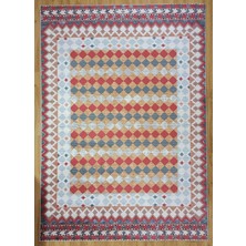Pera Halı Kiremit ve Hardal Dama Desenli Çok Renkli Kilim Halı - 12882OU