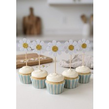 Hediyebigi Papatya Beyaz Renk Simli Cupcake Kürdanı Doğum Günü Parti ve Pasta Süsü 10LU 5 cm