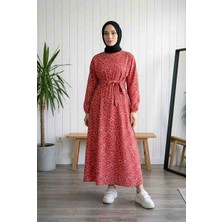 BBS Kadın Kırmızı Çiçek Desenli Beli Lastikli Uzun Elbise - 130 cm Maxi Boy Kuşaklı Elbise