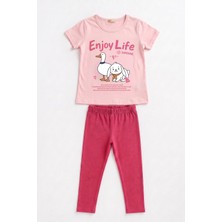 Perendi Kız Çocuk Enjoy Life Baskılı Kısa Kollu Tişört ve Tayt Takımı
