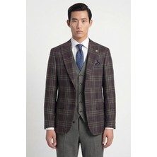 Giotelli Erkek Bordo Dar Kesim Slim Fit Yünlü Dokuma Ekose Normal Bel 6 Drop Yelekli Takım Elbise