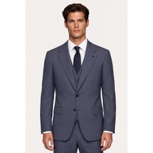 Giotelli Erkek Koyu Lacivert Dar Kesim Slim Fit Pamuklu Dokuma Çizgili 8 Drop Yelekli Takım Elbise