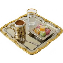 Ahir Ticaret Tekli Gold Çerçeve Dekoratifli Gümüş Kahve Sunum Tepsisi