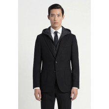 Sabri Özel Giotelli Erkek Siyah Dar Kesim Slim Fit Yünlü Mono Yaka Torba Cep Çift Yırtmaçlı Yarım Astarlı 6 Drop Klasik Takım Elbise