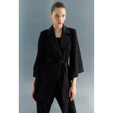 Moda İlgi Moda Ilgi Kadın Kolu Incili File Kumaştan Uzun Ceket 5013 Siyah