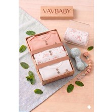 Vavbaby Doğal Dokulu 3’lü Uzun Kollu Bebek Zıbın Seti - Tavşan Desenli ve Fitilli Body- Somon (0-3 Ay)