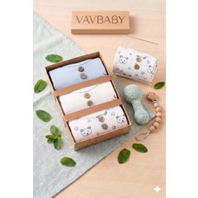 Vavbaby Doğal Dokulu 3’lü Uzun Kollu Bebek Zıbın Seti - Ayıcık Desenli ve Fitilli Body- Mavi (0-3 Ay)