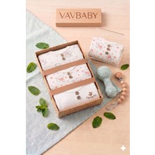 Vavbaby Doğal Dokulu 3’lü Uzun Kollu Bebek Zıbın Seti - Tavşan Desenli ve Fitilli Body- Beyaz(0-3 Ay)