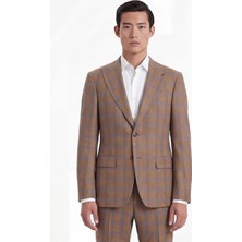 Sabri Özel Giotelli Erkek Kahve Dar Kesim Slim Fit Viskon Ekose Mono Yaka Fleto Kapaklı Cep Çift Yırtmaçlı Tam Astarlı 6 Drop Takım Elbise