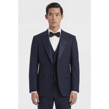 Giotelli Erkek Koyu Lacivert Dar Kesim Slim Fit Viskon Fleto Kapaklı Cep Çift Yırtmaçlı Tam Astarlı Sivri Yaka 6 Drop Smokin Takım Elbise