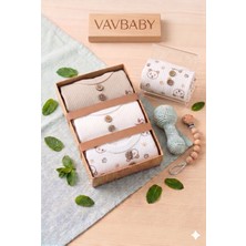 Vavbaby Doğal Dokulu 3’lü Uzun Kollu Bebek Zıbın Seti - Ayıcık Desenli ve Fitilli Body- Kahverengi (0-3 Ay)