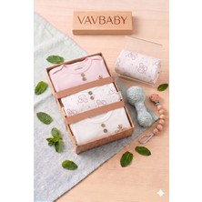 Vavbaby Doğal Dokulu 3’lü Uzun Kollu Bebek Zıbın Seti - Tavşan Desenli ve Fitilli Body- Pembe (0-3 Ay)