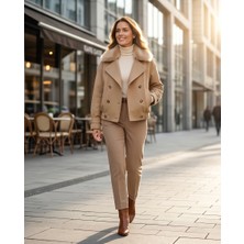 Chd-Store Latte L Beden Esnek Bel Kısa Mont Boy 63-Cm,kürk Çıkarılabilir