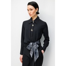 Moda İlgi Moda Ilgi Kadın Beli Fiyonklu Dokuma Kumaş Gömlek 0033 Siyah