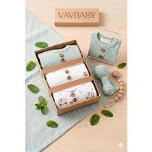 Vavbaby Doğal Dokulu 3’lü Uzun Kollu Bebek Zıbın Seti - Ayıcık Desenli ve Fitilli Body-Yeşil (0-3 Ay)