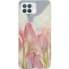 TechTree Oppo Reno 4 Lite Uyumlu Pembe Laleler Baskılı Silikon Kılıf