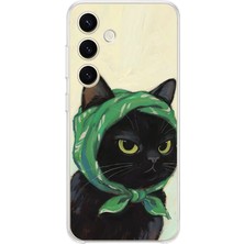 TechTree Samsung Galaxy S25 Uyumlu Babushka Yeşil Başörtülü Siyah Kedi Baskılı Silikon Kılıf