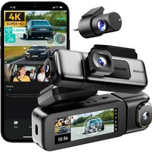 Skygo Ses Kontrolü,3 Kanallı 3,18 Inç Dokunmatik Ekran, 2160P + 1080P + 1080P Ön ve Arka Iç Döngü Kaydı, 5,8 Ghz Wifi, Gps, Gece Görüşü, Wdr, Modu ile 4K Araç Kamerası 128 GB Hafıza Kartlı