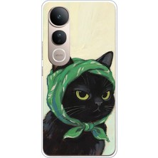 TechTree Vivo V50 Lite Uyumlu Babushka Yeşil Başörtülü Siyah Kedi Baskılı Silikon Kılıf