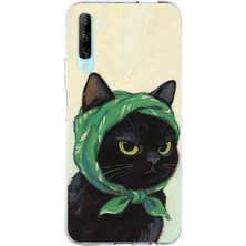 TechTree Huawei P Smart Pro Uyumlu Babushka Yeşil Başörtülü Siyah Kedi Baskılı Silikon Kılıf