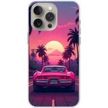 TechTree iPhone 15 Pro Uyumlu Palmiye Neon Pembe Araba Baskılı Silikon Kılıf