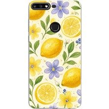 TechTree Huawei Y7 2018 - Honor 7c Uyumlu Sulu Boya Limon ve Çiçek Desenli Baskılı Silikon Kılıf
