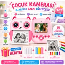 Robeve Çocuk Kamerası Anında Baskılı Termal Yazıcılı Fotoğraf Makinesi 3-12 Yaş Çocuk Fotoğraf Kamerası Video Kayıtlı Selfie Özellikli Eğitici Oyuncak Kamera 3 Renkli + 3 Beyaz Kağıt Hediyeli Pembe