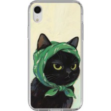 TechTree iPhone Xr Uyumlu Babushka Yeşil Başörtülü Siyah Kedi Baskılı Silikon Kılıf