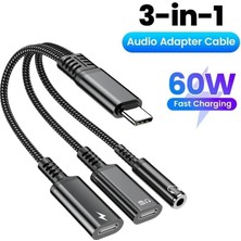 Skygo Type-C 3 In 1 Ses Adaptör Kablosu 60W Hızlı Şarj Tipi C Erkek Çift Tip C 3.5mm Kadın Dönüştürücü Kablosu Kulaklık Jakı Dongle Kablosu (Type-C 3 In 1)