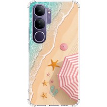 TechTree Vivo V40 Lite Uyumlu Pembe Şemsiyeli Sahil Baskılı Silikon Kılıf