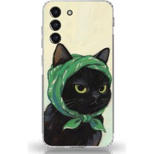 TechTree Samsung Galaxy S21 Fe Uyumlu Babushka Yeşil Başörtülü Siyah Kedi Baskılı Silikon Kılıf