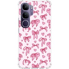 TechTree Vivo V40 Lite Uyumlu Pembe Fiyonk ve Kalp Desenli Baskılı Silikon Kılıf