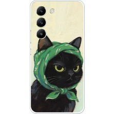 TechTree Vivo V30 Lite Uyumlu Babushka Yeşil Başörtülü Siyah Kedi Baskılı Silikon Kılıf