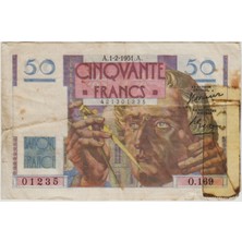 Banknoting Fransa 50 Frank 1951 Bantlı Temiz.