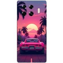 TechTree Tecno Spark 20 Pro+ Plus Uyumlu Palmiye Neon Pembe Araba Baskılı Silikon Kılıf