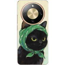 TechTree Honor Magic 8 Lite Uyumlu Babushka Yeşil Başörtülü Siyah Kedi Baskılı Silikon Kılıf