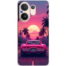 TechTree Vivo V60 Uyumlu Palmiye Neon Pembe Araba Baskılı Silikon Kılıf