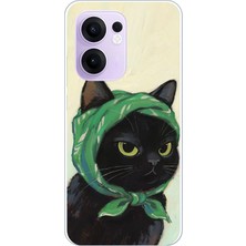 TechTree Oppo Reno 13F Uyumlu Babushka Yeşil Başörtülü Siyah Kedi Baskılı Silikon Kılıf