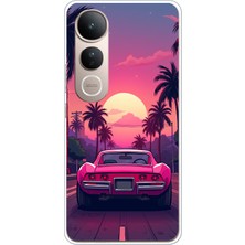 TechTree Vivo V50 Lite Uyumlu Palmiye Neon Pembe Araba Baskılı Silikon Kılıf