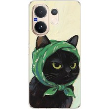 TechTree Vivo V60 Uyumlu Babushka Yeşil Başörtülü Siyah Kedi Baskılı Silikon Kılıf