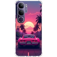 TechTree Vivo V40 Lite Uyumlu Palmiye Neon Pembe Araba Baskılı Silikon Kılıf