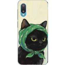 TechTree Samsung Galaxy A02 Uyumlu Babushka Yeşil Başörtülü Siyah Kedi Baskılı Silikon Kılıf