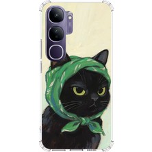 TechTree Vivo V40 Lite Uyumlu Babushka Yeşil Başörtülü Siyah Kedi Baskılı Silikon Kılıf