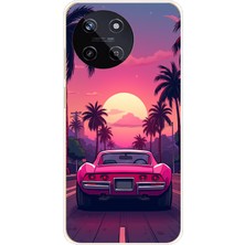 TechTree Realme 11 4g Uyumlu Palmiye Neon Pembe Araba Baskılı Silikon Kılıf