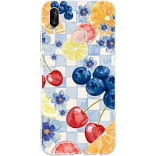 TechTree Huawei P20 Lite Uyumlu Sulu Boya Meyve ve Çiçek Desenli Baskılı Silikon Kılıf